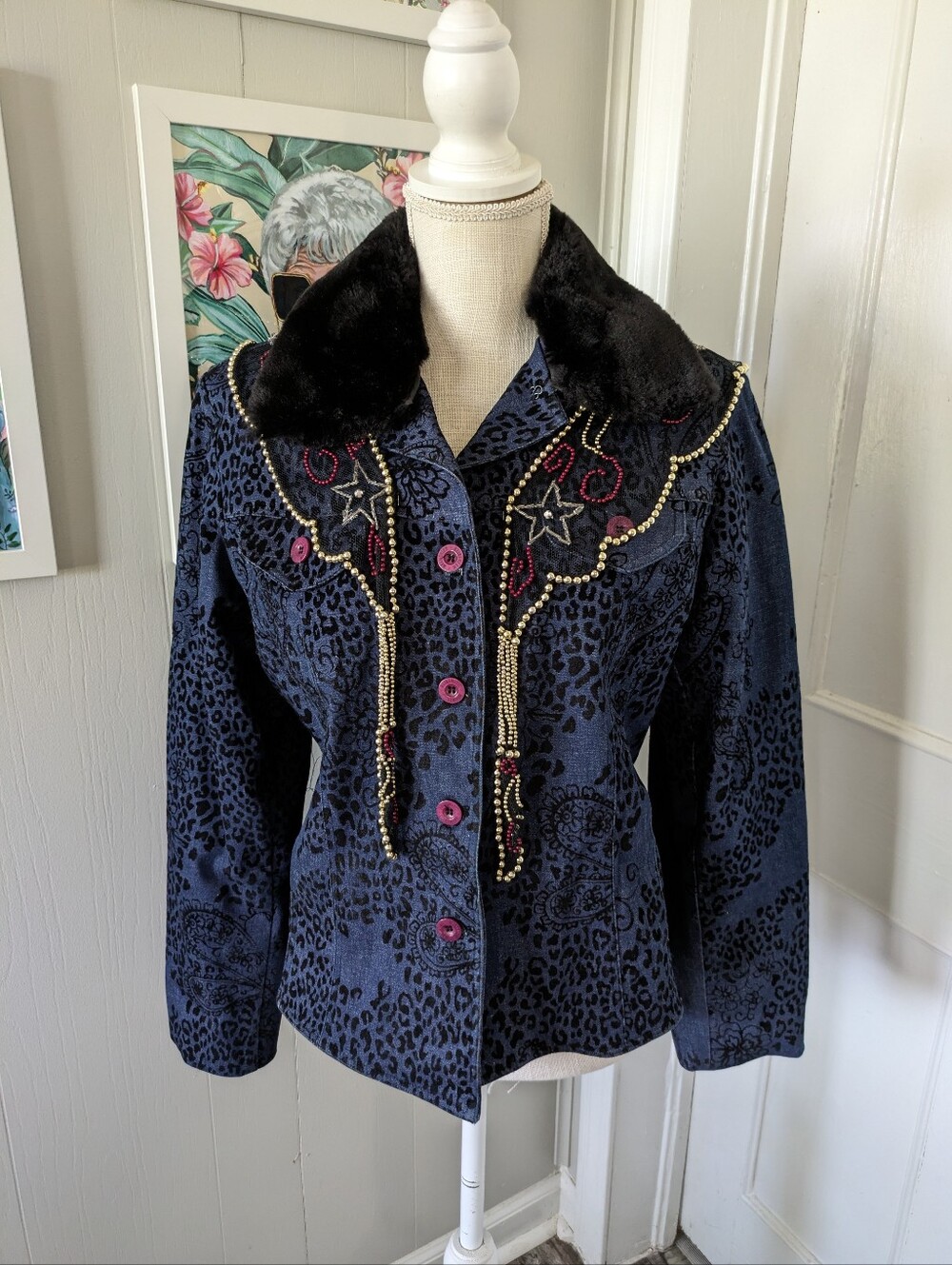 Vintage Jacket with Faux fur collar And‎ Beaded Mesh Layover Blue And Black ***
